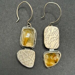 Signed Modernist Sterling Silver Rutilated Quartz Dangle Drop Earrings
